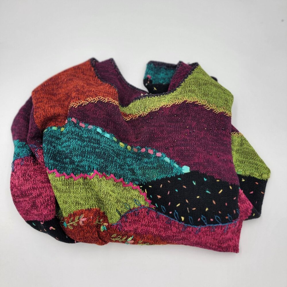 Vintage Colorful Patchwork Knit Sweater Womens Large - Picture 5 of 14